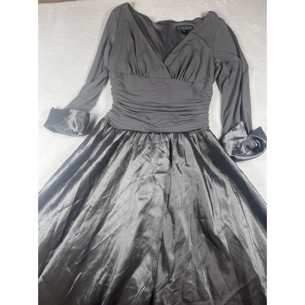 Jessica Howard Dress Womens 4 Silver Satin Ruched V Neck Long Sleeve Maxi Gown - Picture 8 of 16